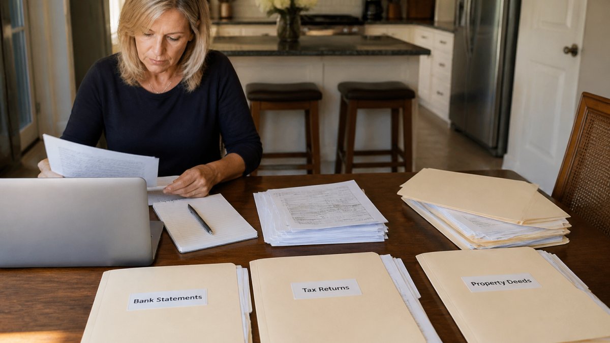A person at a kitchen table sorting bank statements, tax returns, and property deeds into labeled folders beside a laptop and notepad