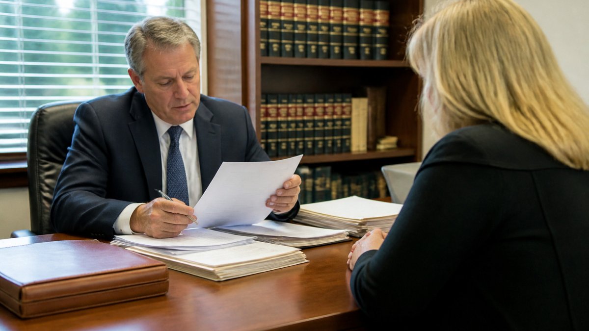 Probate attorney reviewing legal documents with a client to contest a will in a law office
