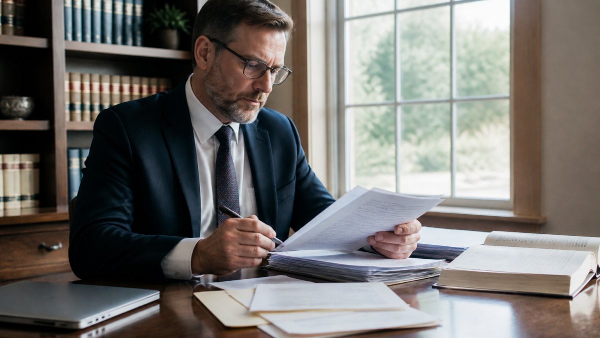 Attorney reviewing complex trust documents at a wooden desk in a law office to resolve trust disputes