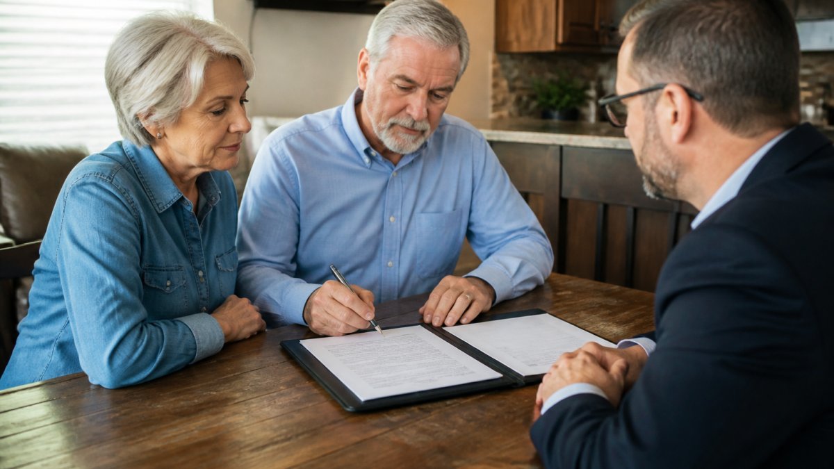 Lawyer reviewing estate planning documents with a couple to avoid probate in a step-by-step process flowchart
