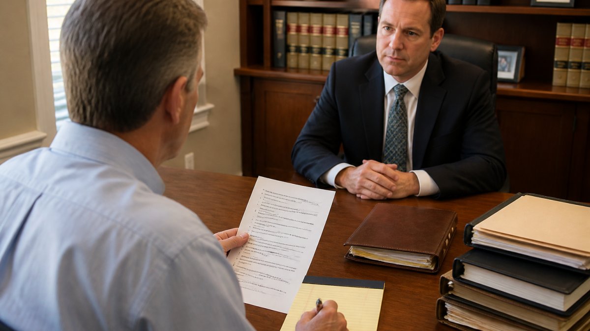Client reviewing a list of questions with their civil litigation attorney in a law office