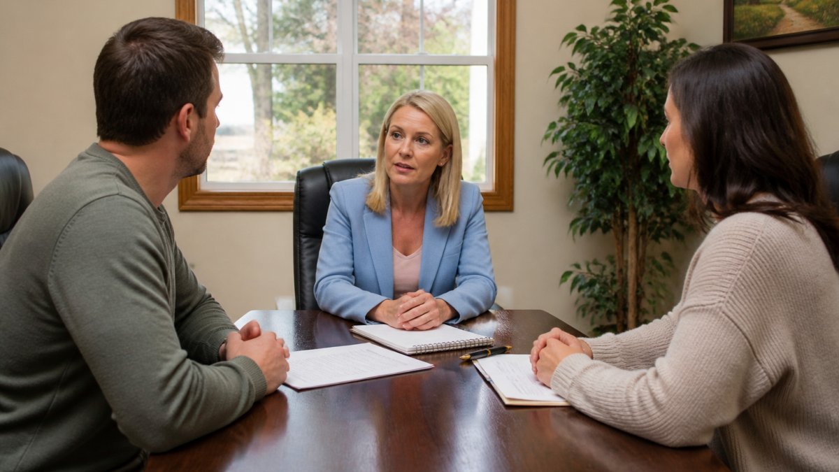 Two parents seated at a conference table with a neutral mediator, documents and a notepad between them, in a calm office with natural light
