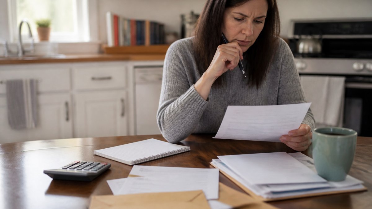 A person at a kitchen table reviewing a credit report and financial documents with a pen and notebook, morning light through a window
